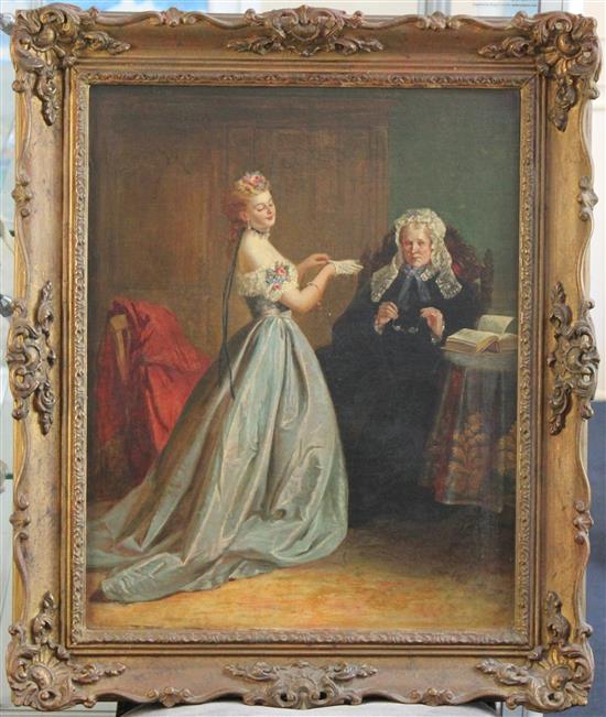 19th century English School Interior with young lady dressing, 21 x 17in.